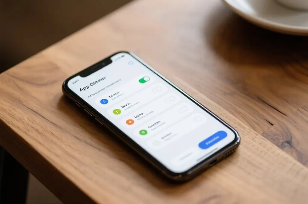 A sleek modern smartphone on a wooden desk showing app optimization settings