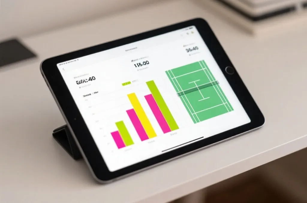 A tablet screen displaying abstract sports statistics with colorful comparison bar charts and tennis court diagrams, neutral editorial workspace